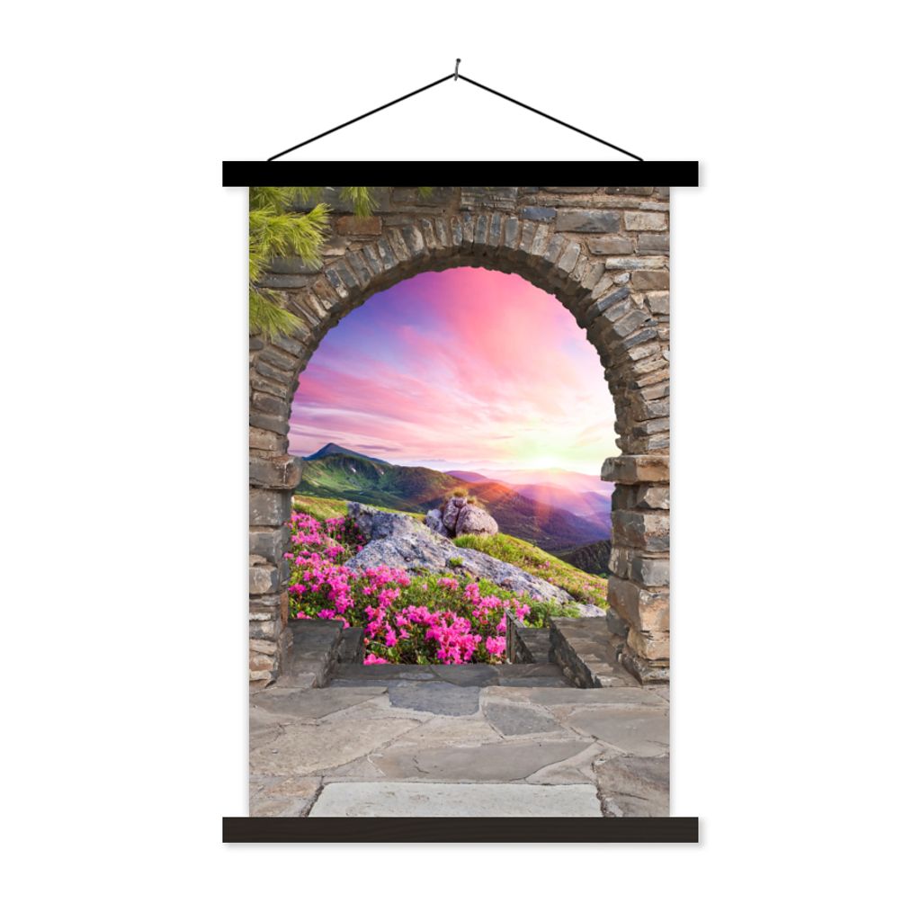 MuchoWow Textilposter Landschaft - Aussicht - Blumen - Berg 120x180 cm mit schwarzem Rahmen - Fotos