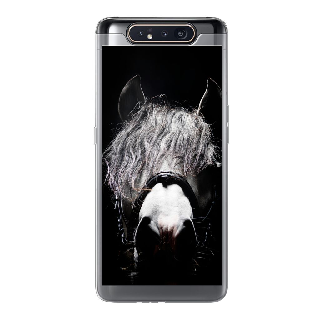 MuchoWow Handyhülle Schutzhülle Hülle für Samsung Galaxy A80 Pferd - Porträt - Schwarz - Weiß Silikon Softcase Handy Hülle - Schutzdeckel