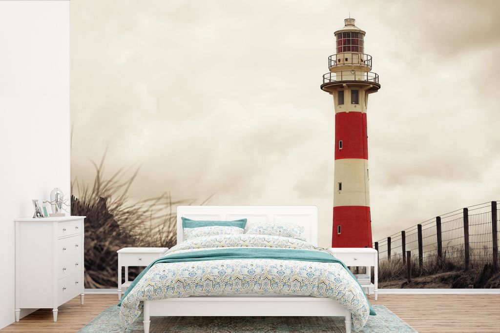 MuchoWow Fototapete für Wohnzimmer oder Schlafzimmer Wandtapete Vinyl Motivtapete Leuchtturm Sepia-Fotodruck - 600x400 cm - Vinyltapeten