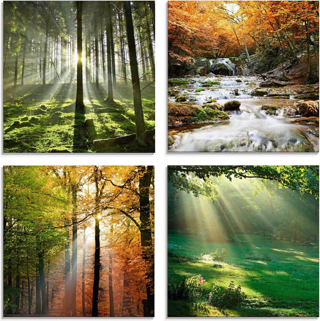 ARTland Glasbilder 4er Set Wald Wasserfall Herbsttag Größe: je 30x30 cm