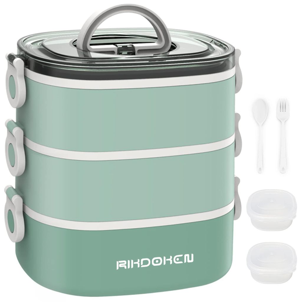 Stapelbare, dreistöckige, tragbare Lunchbox mit 2,7 Litern Fassungsvermögen, auslaufsicher, inklusive Löffel, Gabel und Soßenbehältern, mikrow...