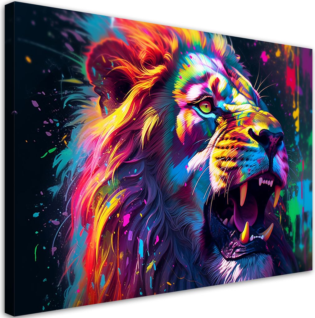 Leinwandbild Löwe Neon Abstrakt 100x70 Feeby Bunt bild für die wand bereit zum aufhängen