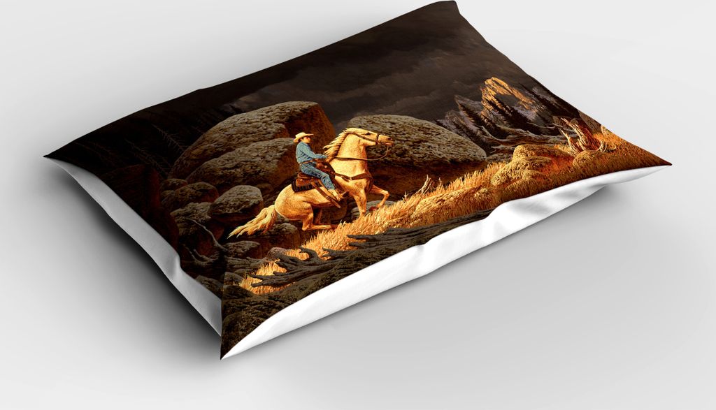 ABAKUHAUS Western Kopfkissenbezug, Felsen Schnee Berglandschaft Cowboy Reitpferde Nordamerika Bäume Art Pflanzen, 40x80 cm, Gelb und Grau