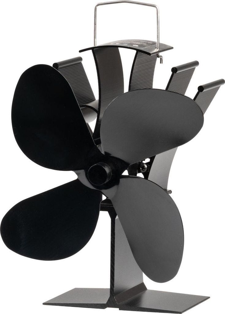 A black, four-bladed stove fan with a metal handle, shown against a white background.