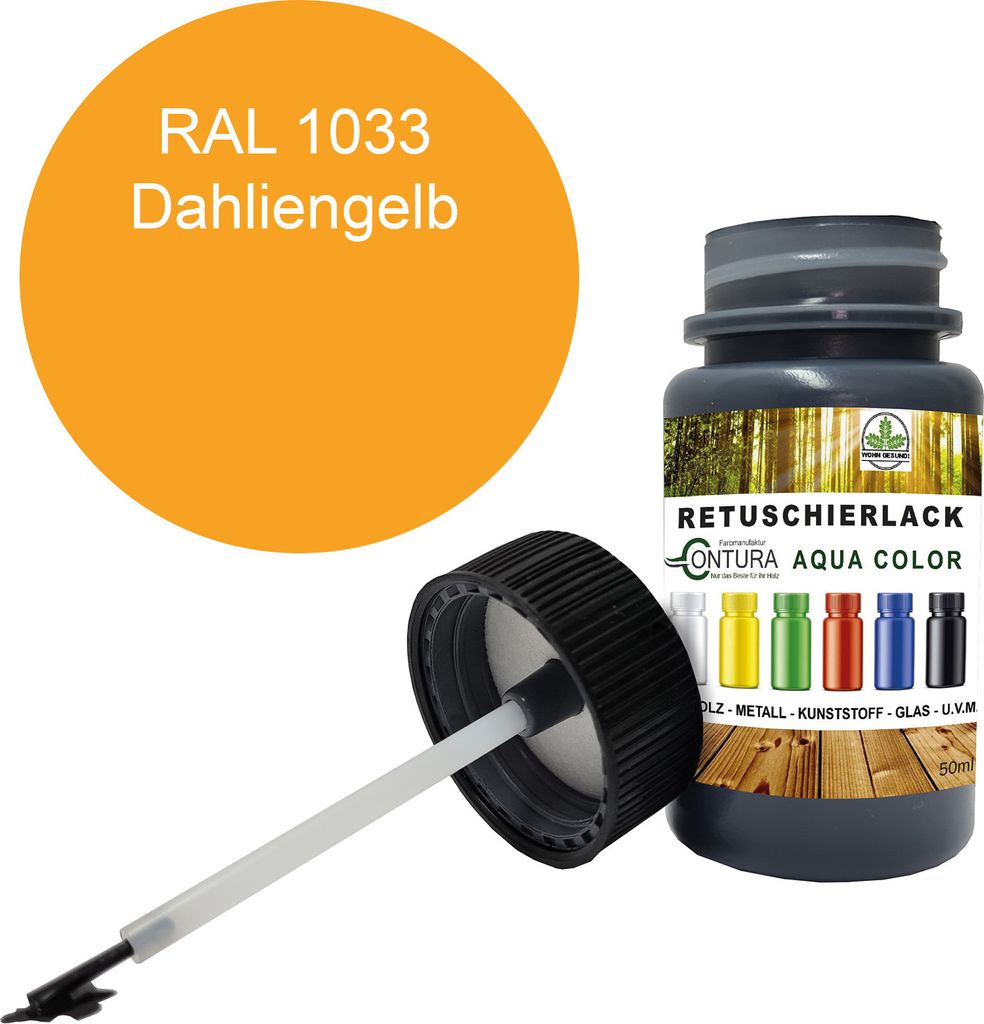 Reparaturlack Lackstift RAL Lack Pinselflasche 50ml. Farbe Holz Metall Möbel Auto Bad Retuschierlack - RAL 1033 Dahliengelb