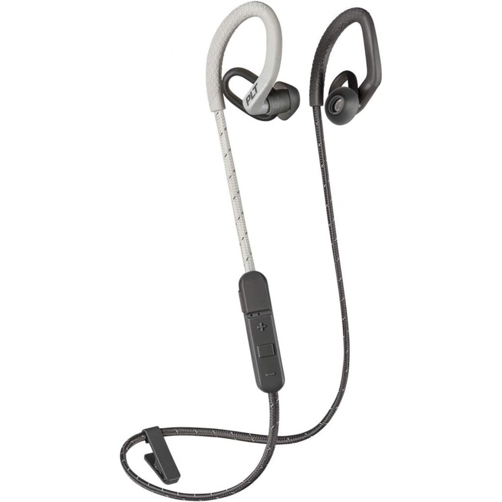 A pair of gray and white wireless earbuds with a black cord and clip.