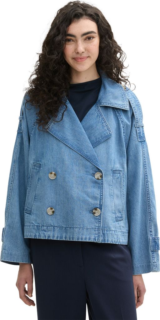 Damen kurze blaue Loose Fit Jeansjacke mit doppelreihigem Knopfverschluss