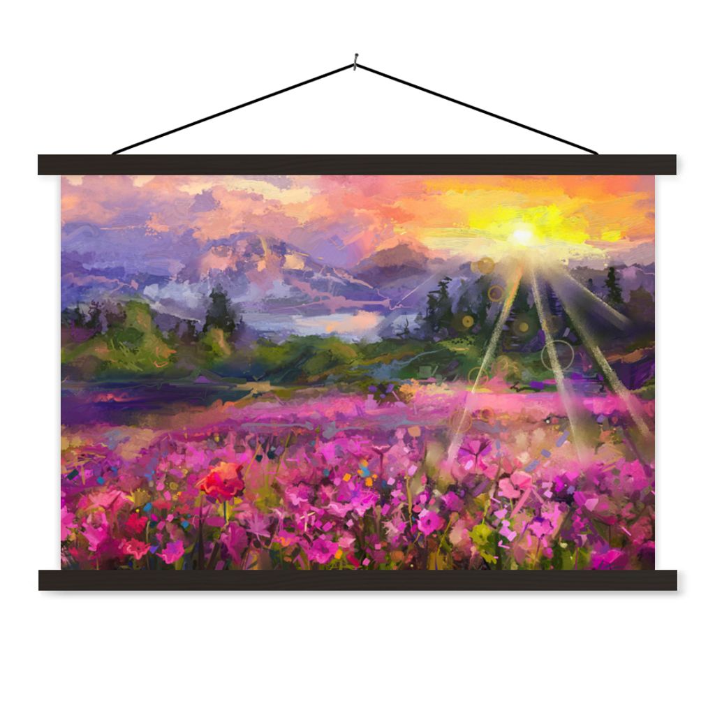 MuchoWow Textilposter Gemälde - Ölfarbe - Blumen - Natur - Sonne 60x40 cm mit schwarzem Rahmen - Hölzernes