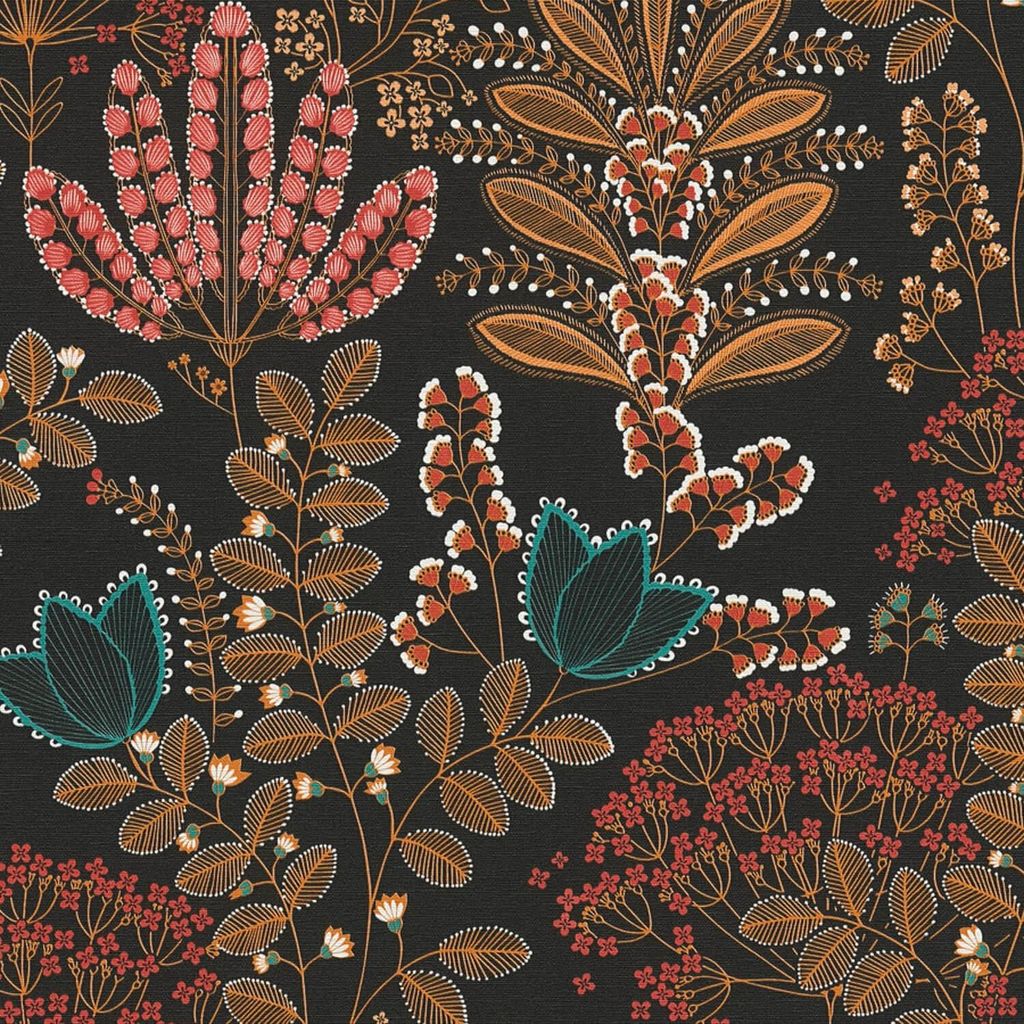 Profhome 393495-GU Blumen Tapete Floral schwarz orange-rot blau weiß 5,33 m2