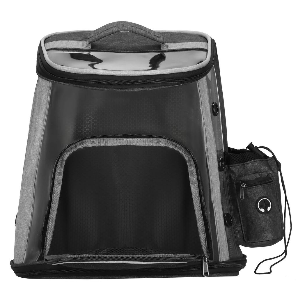 A pet carrier backpack is shown against a white background.