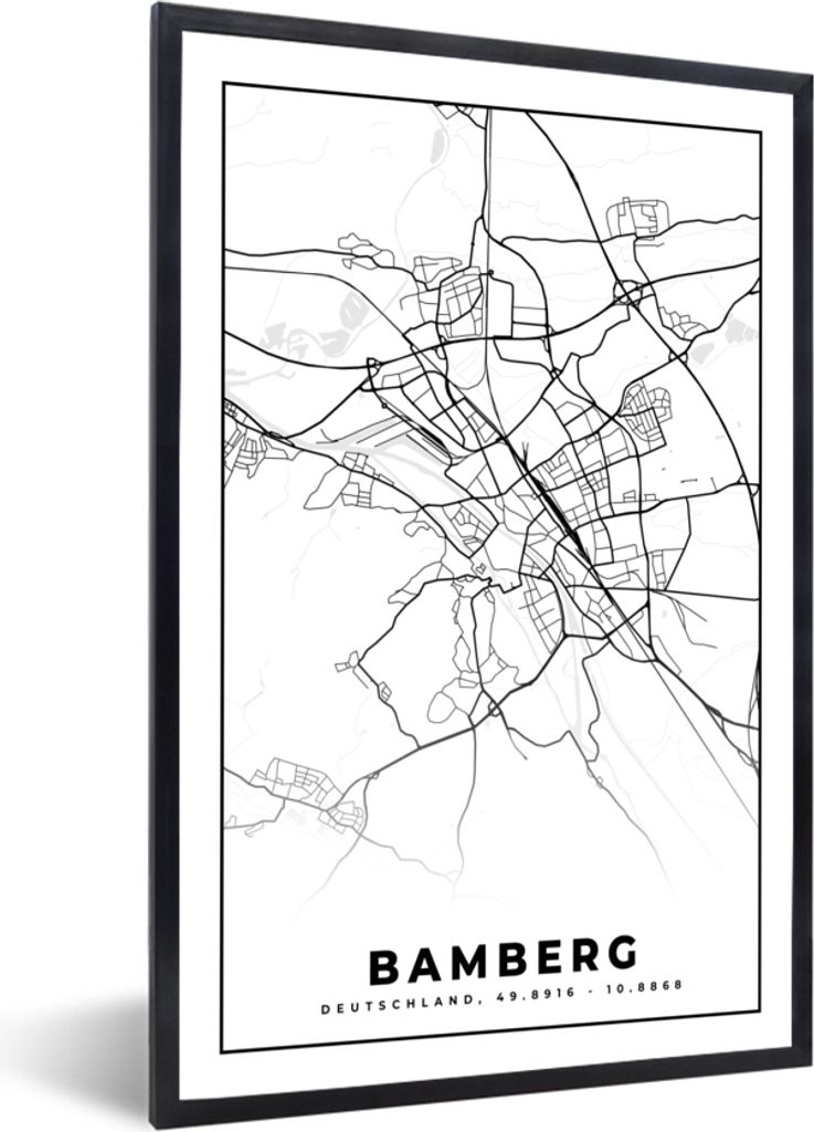 MuchoWow Gerahmtes Poster Karte - Bamberg - Stadtplan 40x60 cm - Poster mit Schwarzem Bilderrahmen Wandposter Rahmen Foto Bilder - Papierdruck - ...