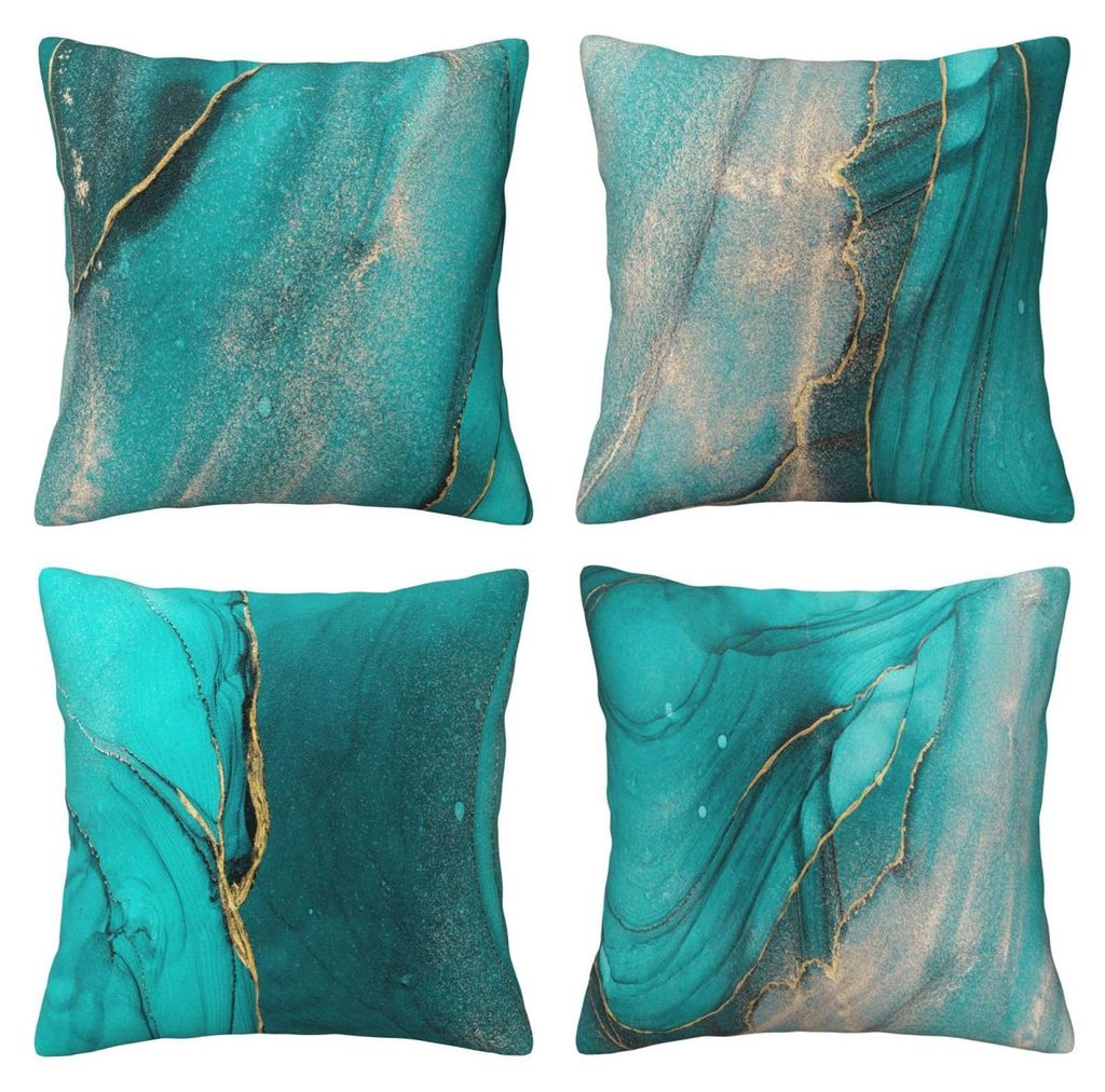Set mit 4 türkisfarbenen und goldenen Kissenbezügen, 50 x 50 cm, Samt, Marmoroptik, abstraktes Design, dekorative Kissen, moderne Sofakissen, wei...