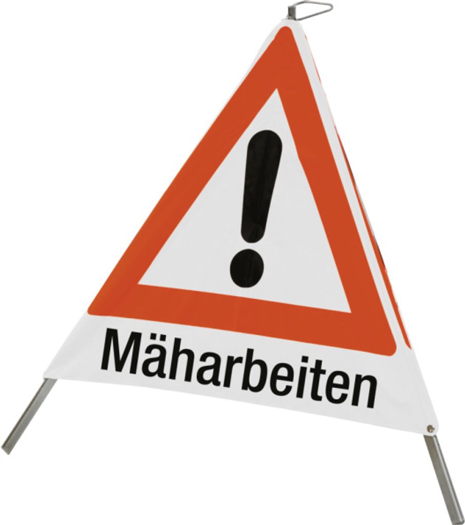 Faltsignal mit Symbol Gefahrenstelle und Text "Mäharbeiten", 900 mm Seitenlänge