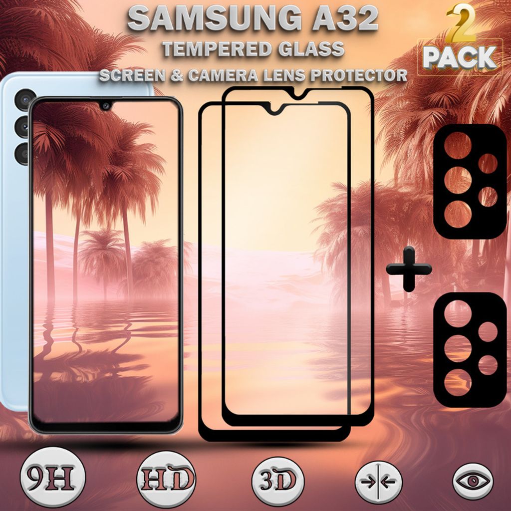 2-Pack Samsung Galaxy A32 Displayschutzfolie und 2-Pack Objektivschutz aus 9H gehärtetem Glas