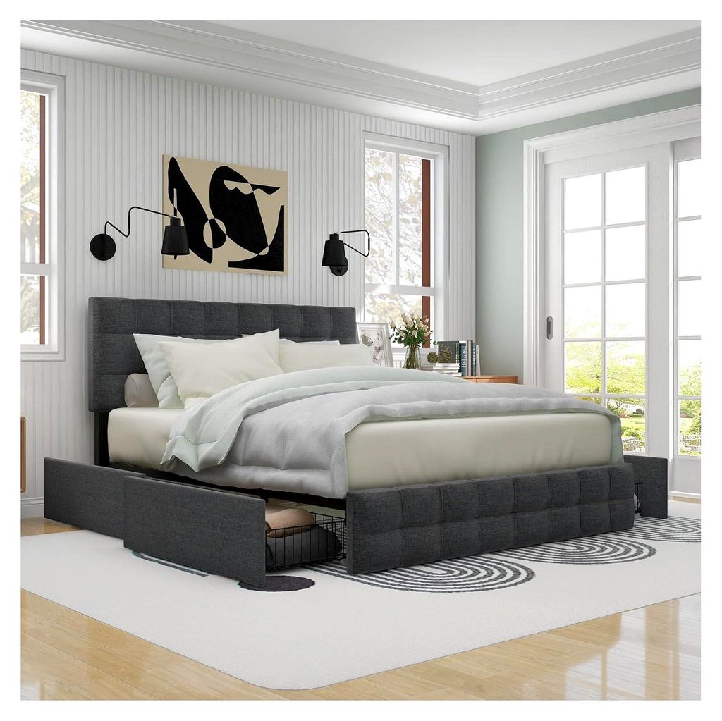 Polsterbett mit 4 Schubladen, Doppelbett mit Lattenrost, 140x200cm, Stauraumbett mit höhenverstellbarem Kopfteil und quadratischem Nähdesign, Lei...