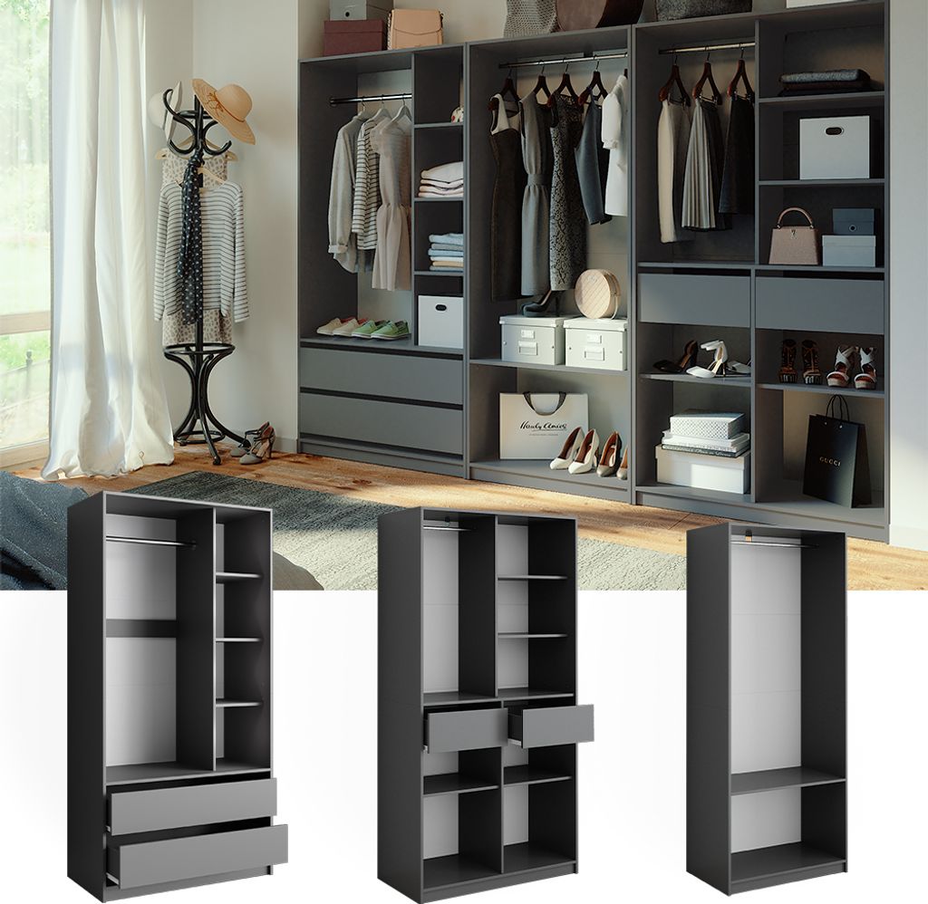 Vicco Kleiderschrank Elmo, 100 x 200 cm 3er Set, Anthrazit Produktbild 2