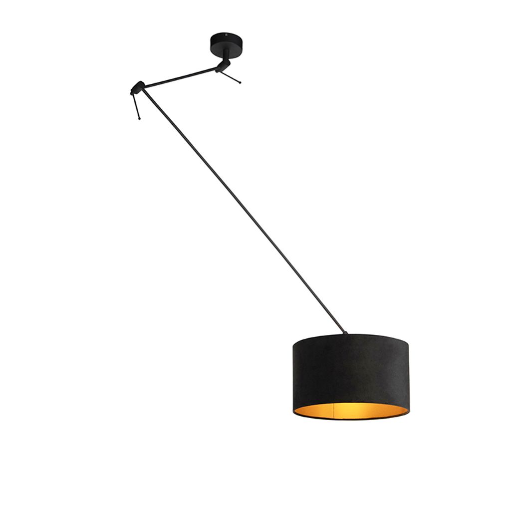 QAZQA - Modern Hängelampe I Pendellampe I Pendelleuchte mit Veloursschirm schwarz mit Gold I Messing 35 cm - Blitz I schwarz I Wohnzimmer I Schlaf...