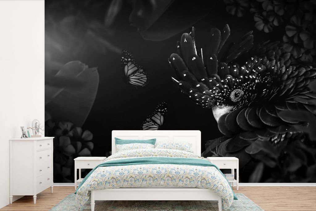 MuchoWow Fototapete für Wohnzimmer oder Schlafzimmer Wandtapete Vinyl Motivtapete Vogel und Schmetterlinge im Dschungel - schwarz und weiß - 39...