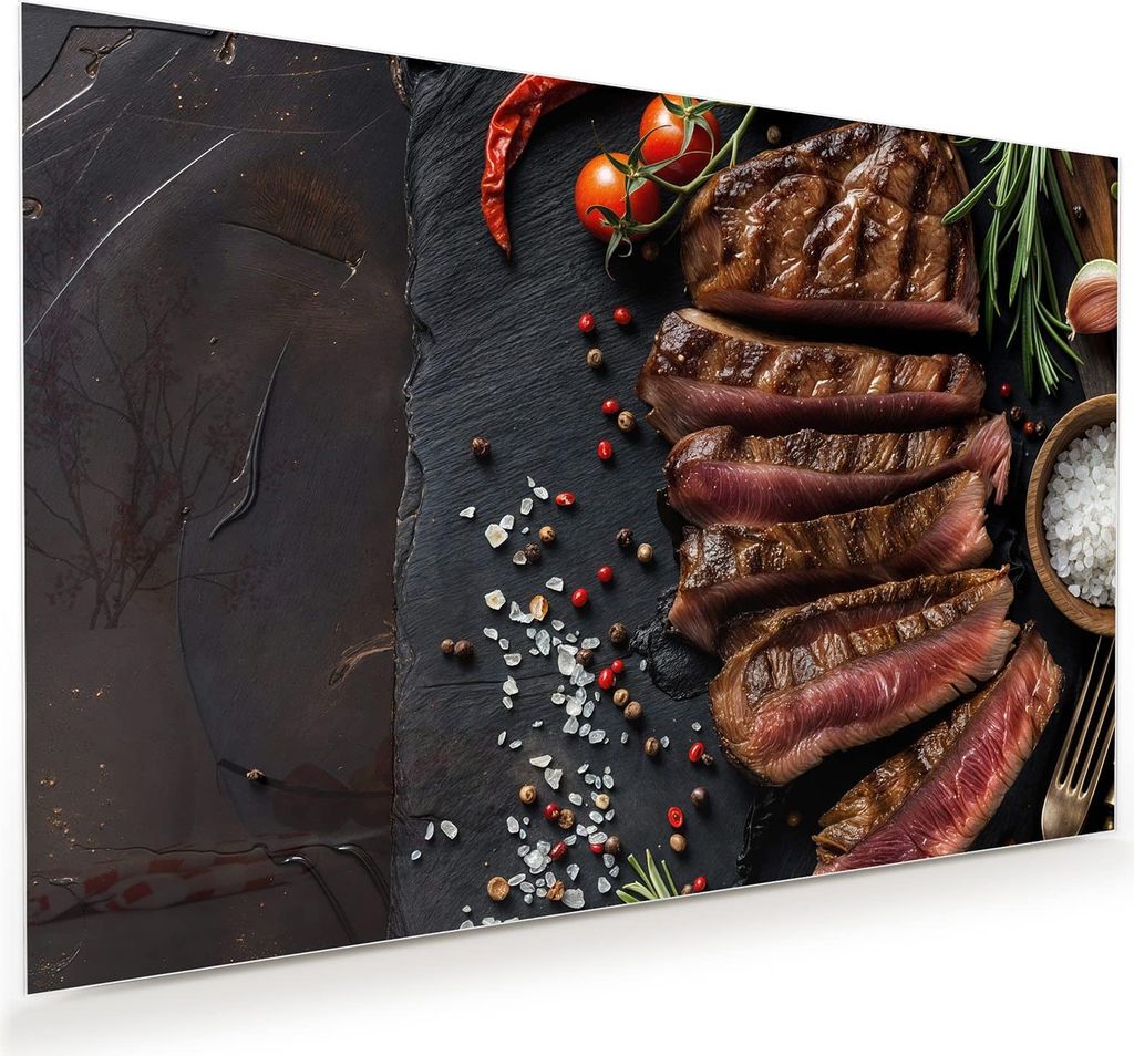 Glasbild 45x30cm in XXL für Wohnzimmer, Schlafzimmer Motiv Gegrilltes Steak Teller