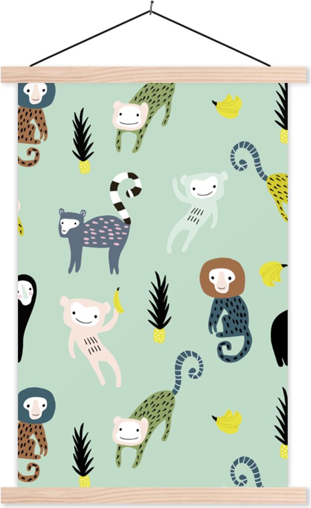 MuchoWow Textilposter Affe - Banane - Grün 120x180 cm mit holzfarbenen Rahmen - Textil-Plakat
