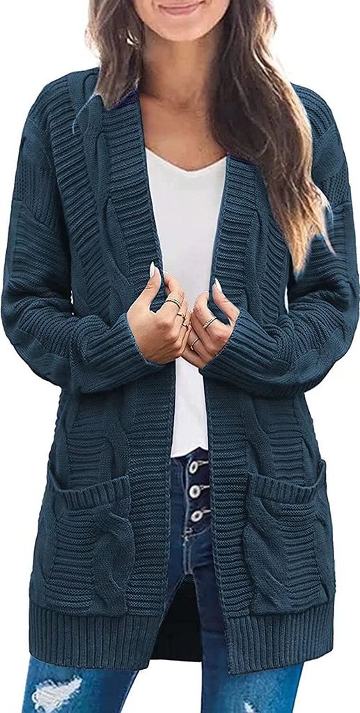 ASKSA Damen Langarm Strickjacke Mittellange Elegant Mantel Open Front Zopfstrick Sweater mit Taschen, Denim Blue, XL