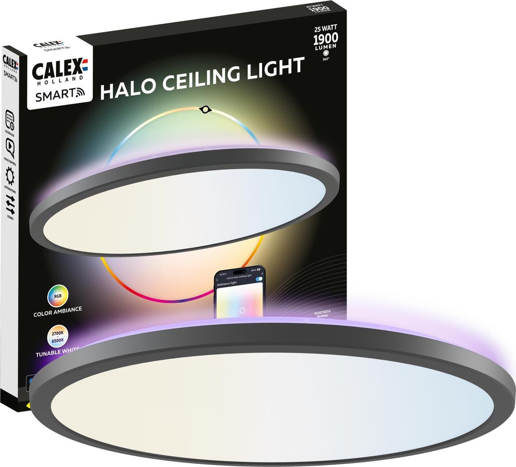 Calex Halo Smarte Deckenleuchte, 40cm, RGB- und Warmweißes Licht, Schwarz