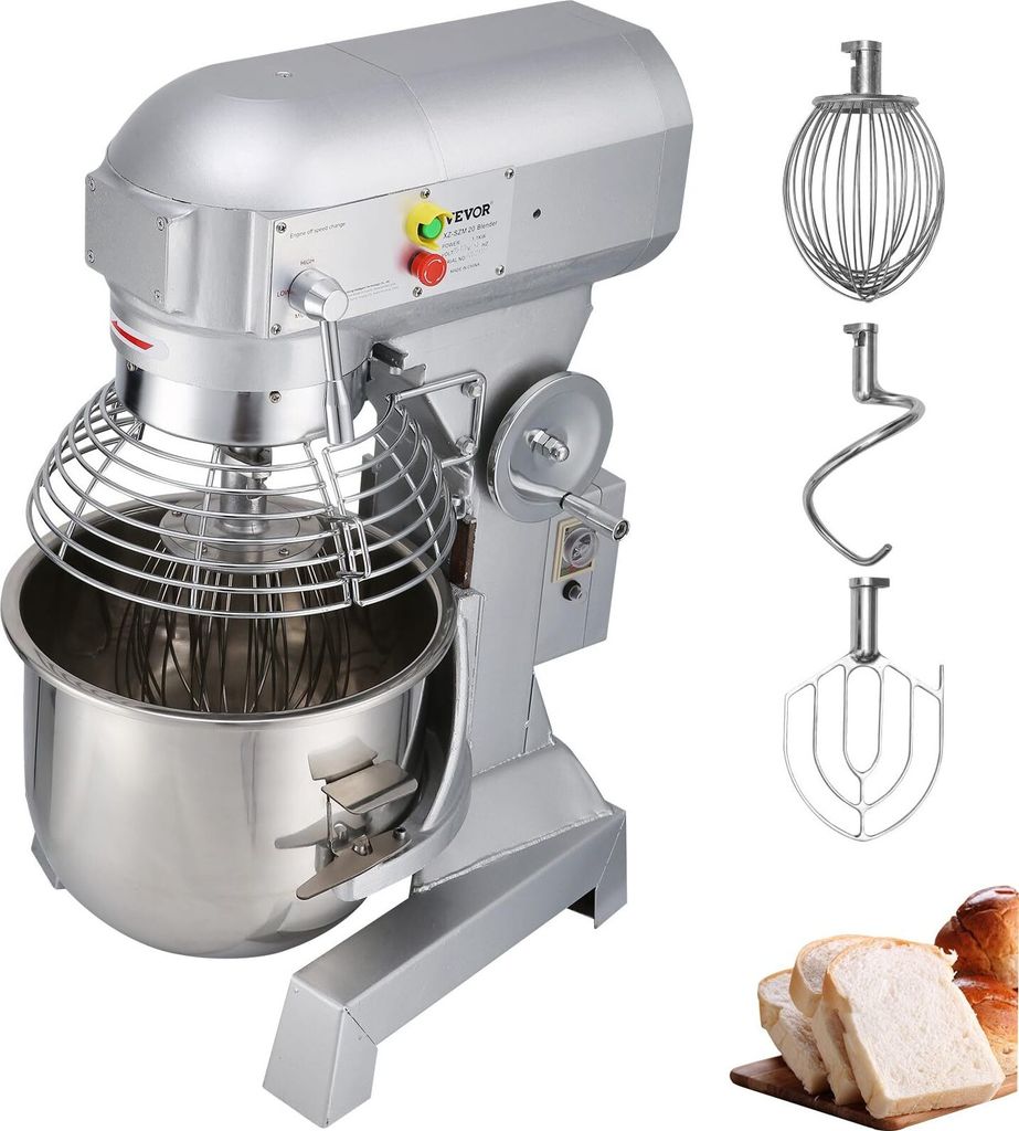 VEVOR Teigknetmaschine Küchenmaschine, 15 Qt Edelstahl Teigmixer, 600 W, einstellbar (130/233/414 U/min), inkl. Edelstahlschüssel, Knethaken, Sch...