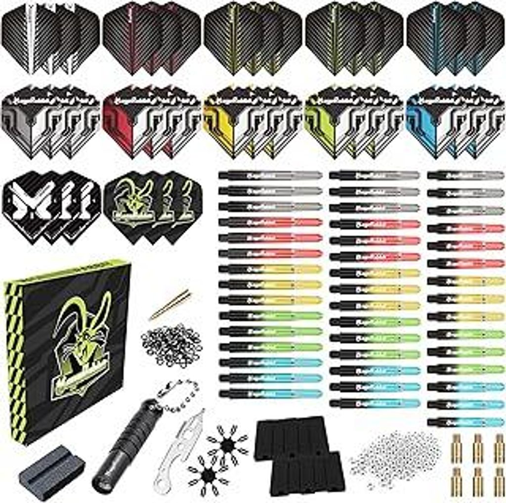 Dart-Zubehör-Set, 36 Dart-Flights, 45 Schäfte, Schärfer, Entferner, 50 Metallringe, 16 Flugschützer, insgesamt 11 Arten von Dart-Zubehör