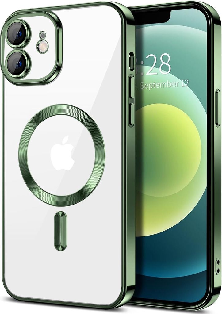 Magnetische Klar Hülle für iPhone 12, Kompatibel mit MagSafe, Elektroplattiert Handyhülle mit Kameraschutz Dunkelgrün