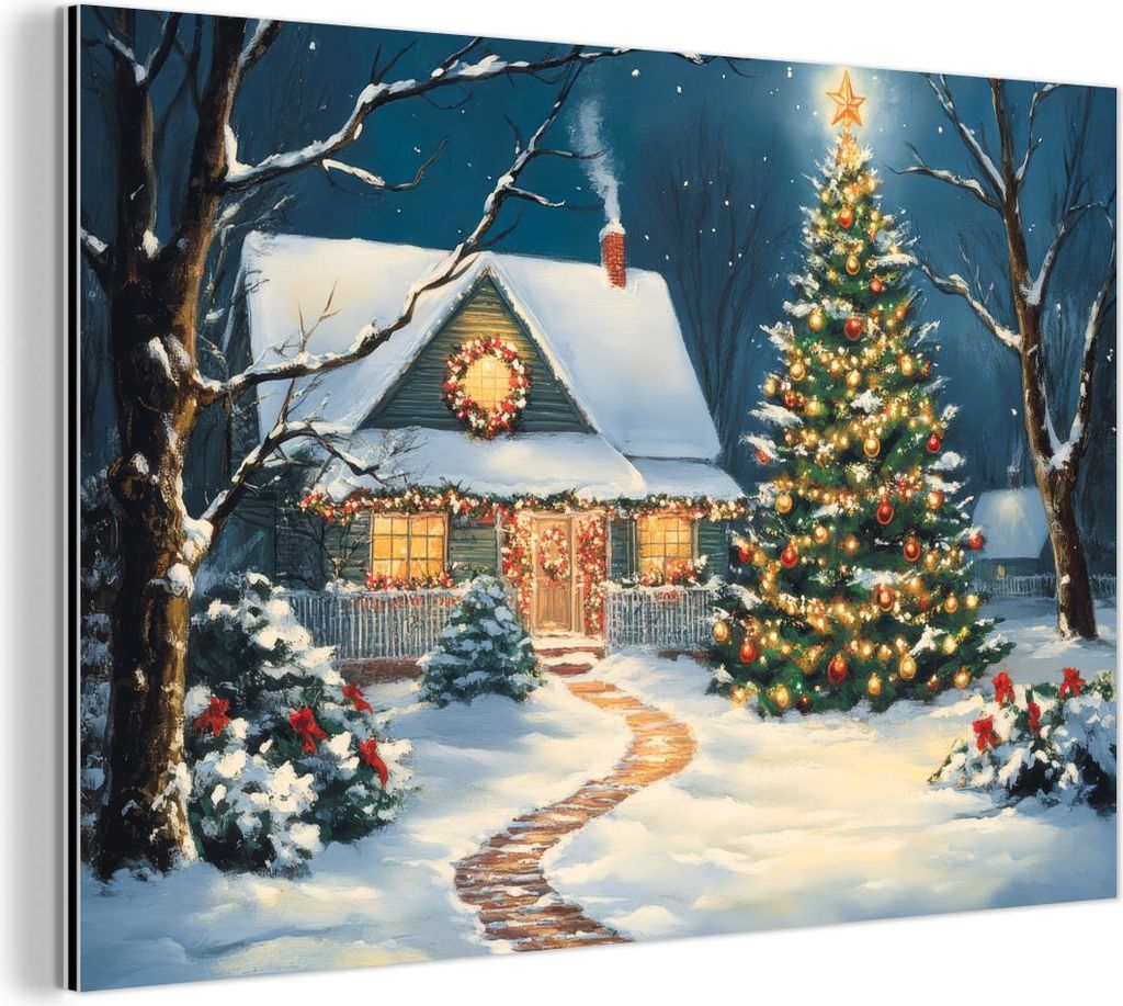 MuchoWow Wanddekoration Metall Metallbild Wandkunst 120x80 cm Weihnachten - Weihnachtsbaum - Winter - Zuhause - Schnee MuchoWow Aluminium Gemälde ...