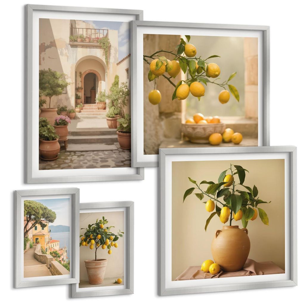 Bilder Set 5-teilig im silbergerahmten Rahmen – Wandbilder 5 Stück – gerahmte Poster für Wohnzimmer, Schlafzimmer und Flur – 50x50 cm - 40x...