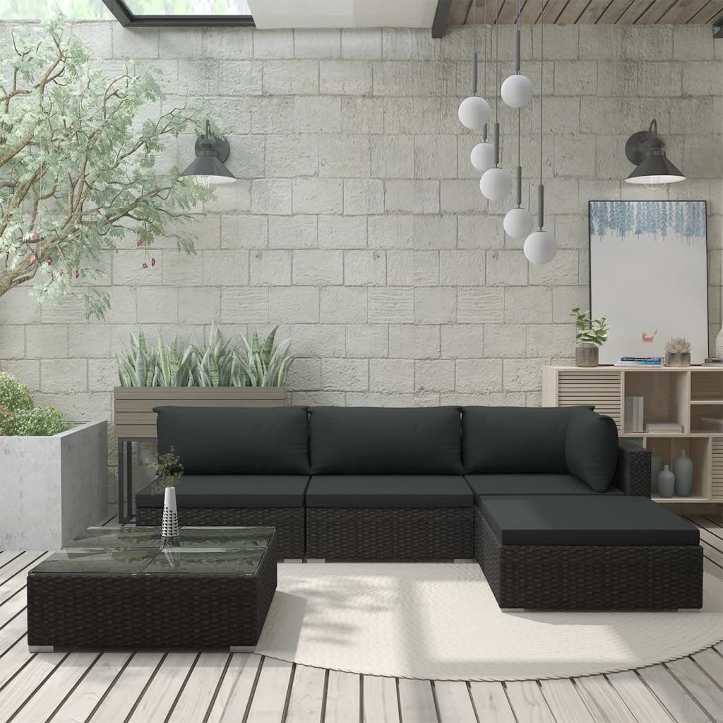 The Living Store 5-tlg. Garten-Lounge-Set mit Auflagen Poly Rattan Schwarz