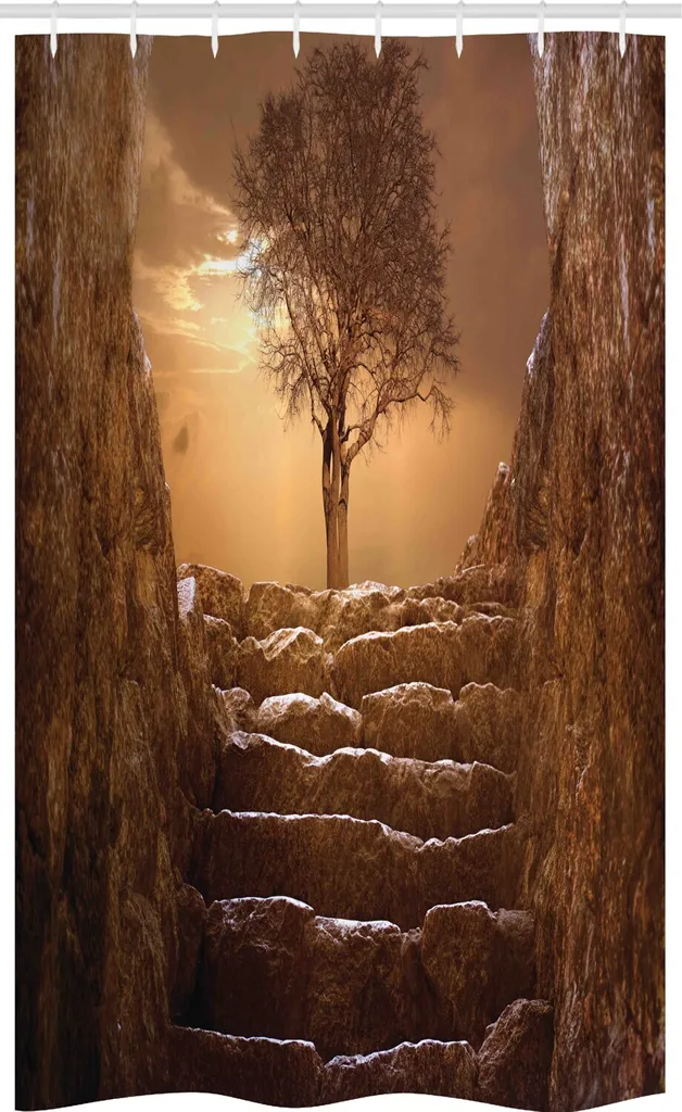 ABAKUHAUS Tenda da doccia stretta con motivo alberi, marrone cielo tramonto nuvoloso, set decorativo per bagno in tessuto con ganci, 120 x 180 cm, marrone