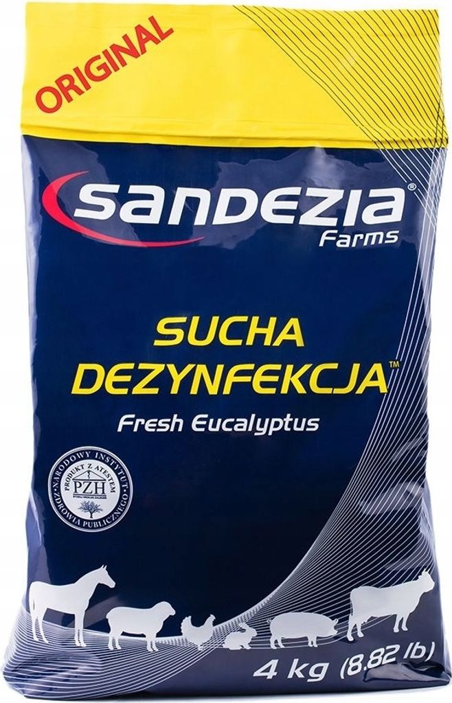 A bag of Sandezia Farms dry disinfectant for stables with eucalyptus scent.