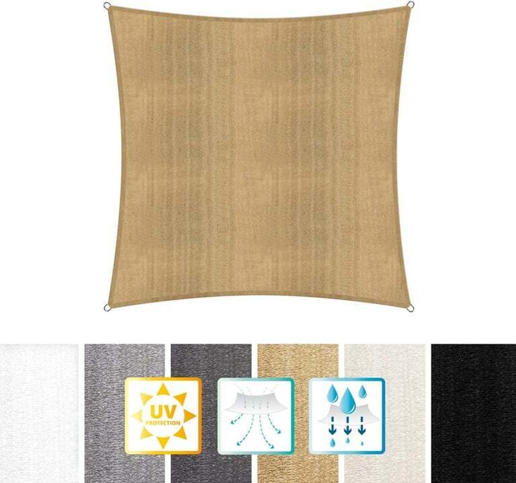 Lumaland Sonnensegel Quadrat 3 x 3 Meter Wetterbeständiger Sonnenschutz inkl. Befestigungsseile Terrasse Garten Balkon Schattenspender UV-Schutz