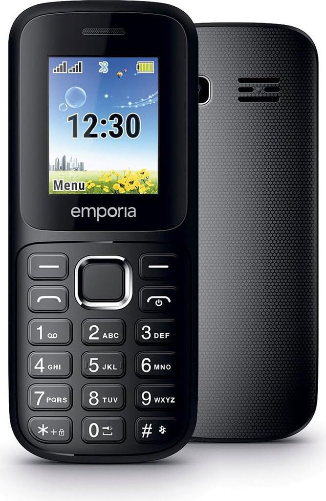 A black Emporia mobile phone is shown from the front and back.