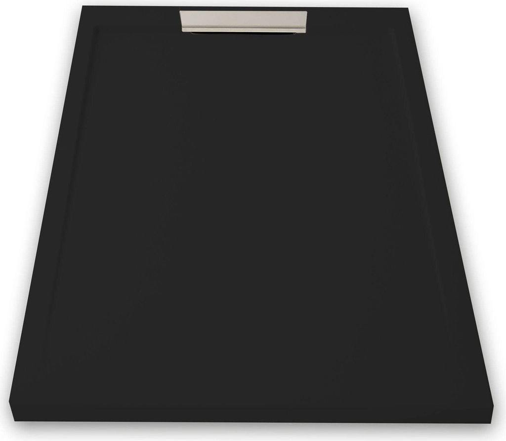 Mineralguss-Duschwanne extra flach LUX Schieferoptik schwarz 90x100cm Edelstahl in chrom Ablaufschutz in Chrom