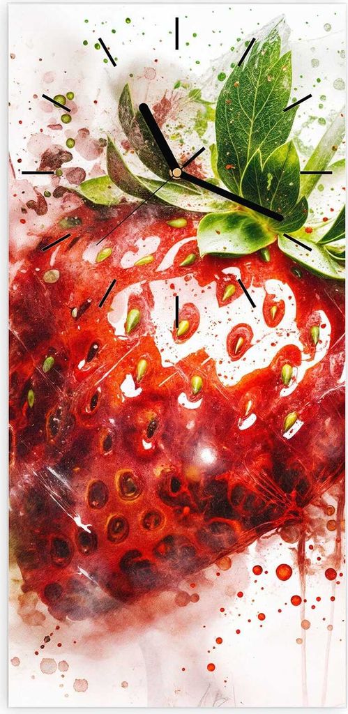 Wanduhr aus Glas mit Motiv Erdbeerkunstwerk- 30 x 60 cm - inkl. Aufhängesystem