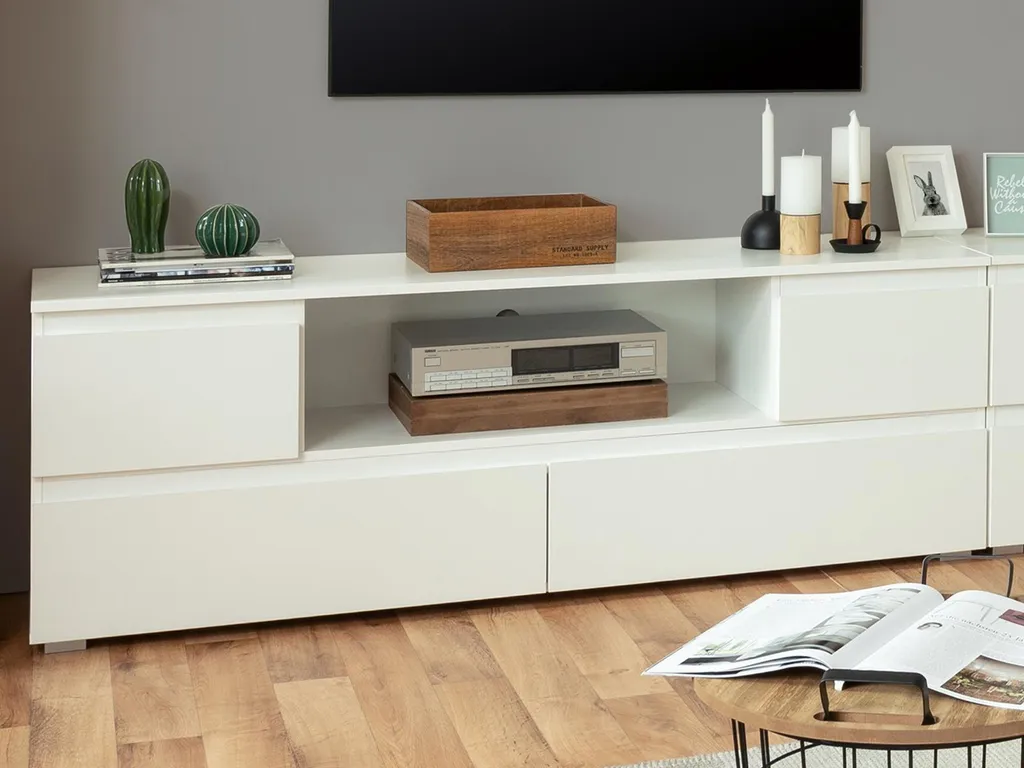 Meuble TV Ravenna Blanc Mat 160 cm - Solution Rangement Câbles Discrets