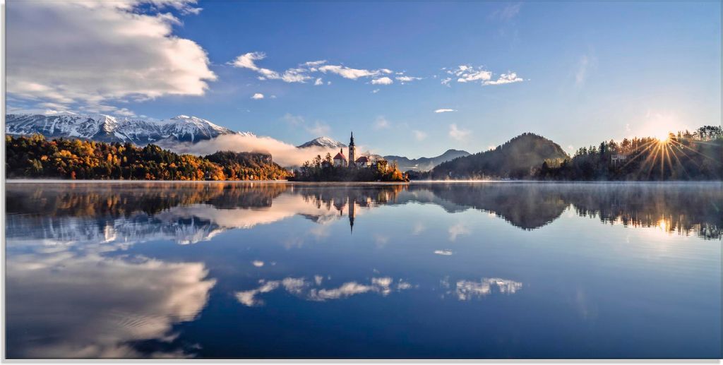 ARTland Glasbild Sonnenaufgang am Bleder See in Slowenien Größe: 60x30 cm