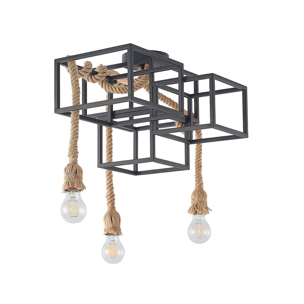 Lucande Deckenleuchte Andrik, 44 cm, 3-fl., Hanfseil, Metall