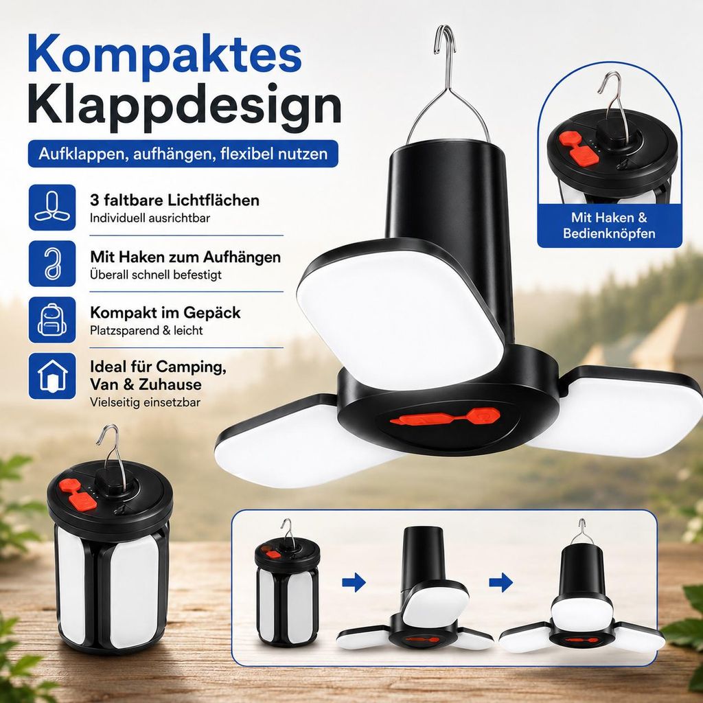 LED Campinglampe wiederaufladbar, tragbare Zeltlampe mit 3 Lichtmodi, USB Campinglaterne mit Haken für Outdoor, Camping und Notbeleuchtung