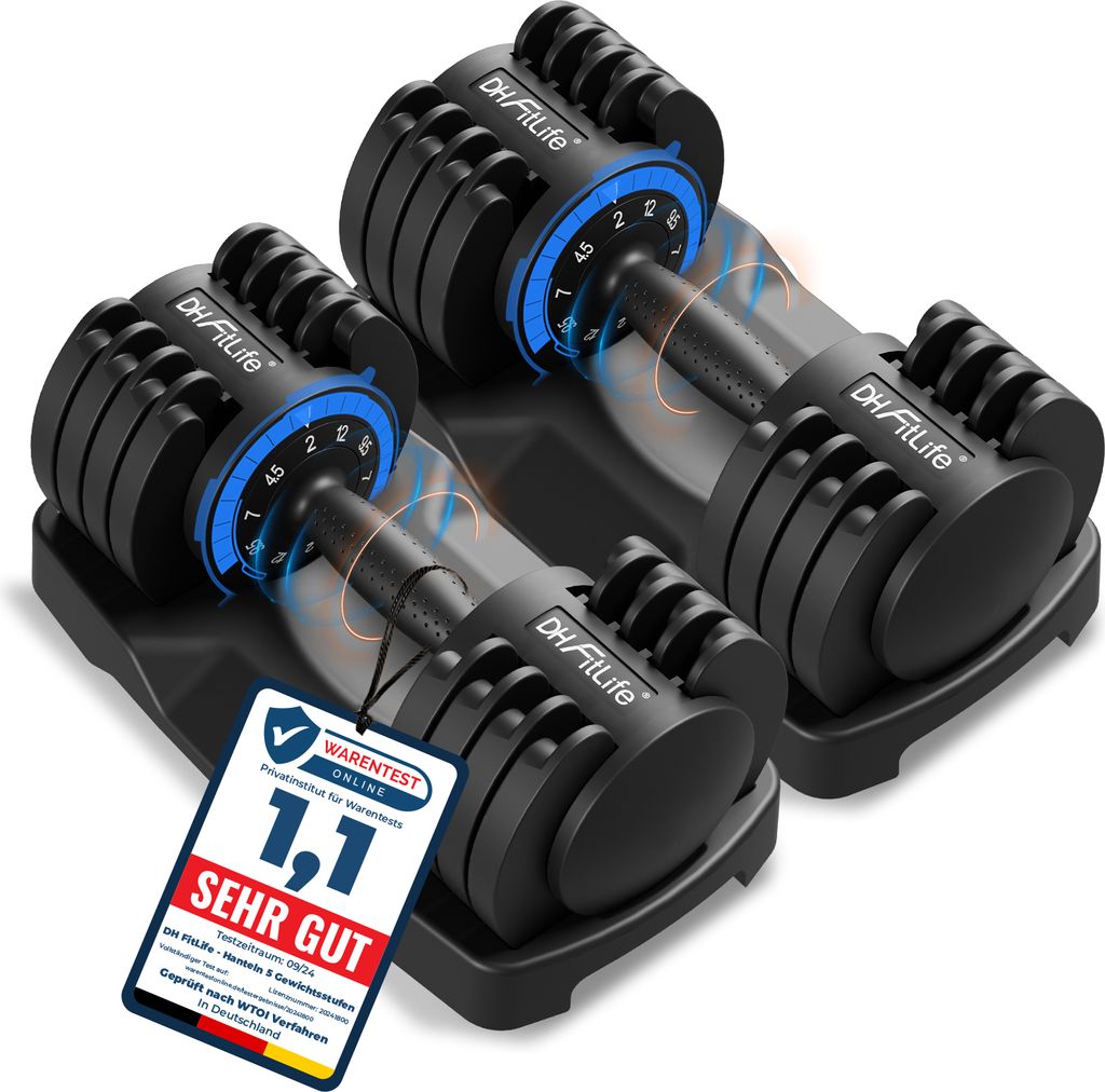 A pair of adjustable dumbbells on their stands.