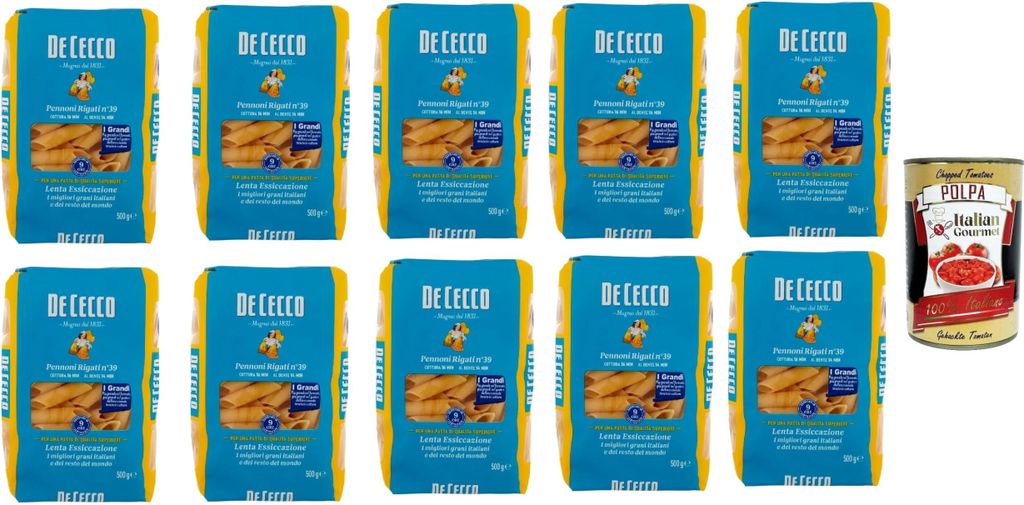 De Cecco Pennoni Rigati N°39, 100% Italienisch Pasta Nudeln 10x 500g + Italian Gourmet Polpa 400g