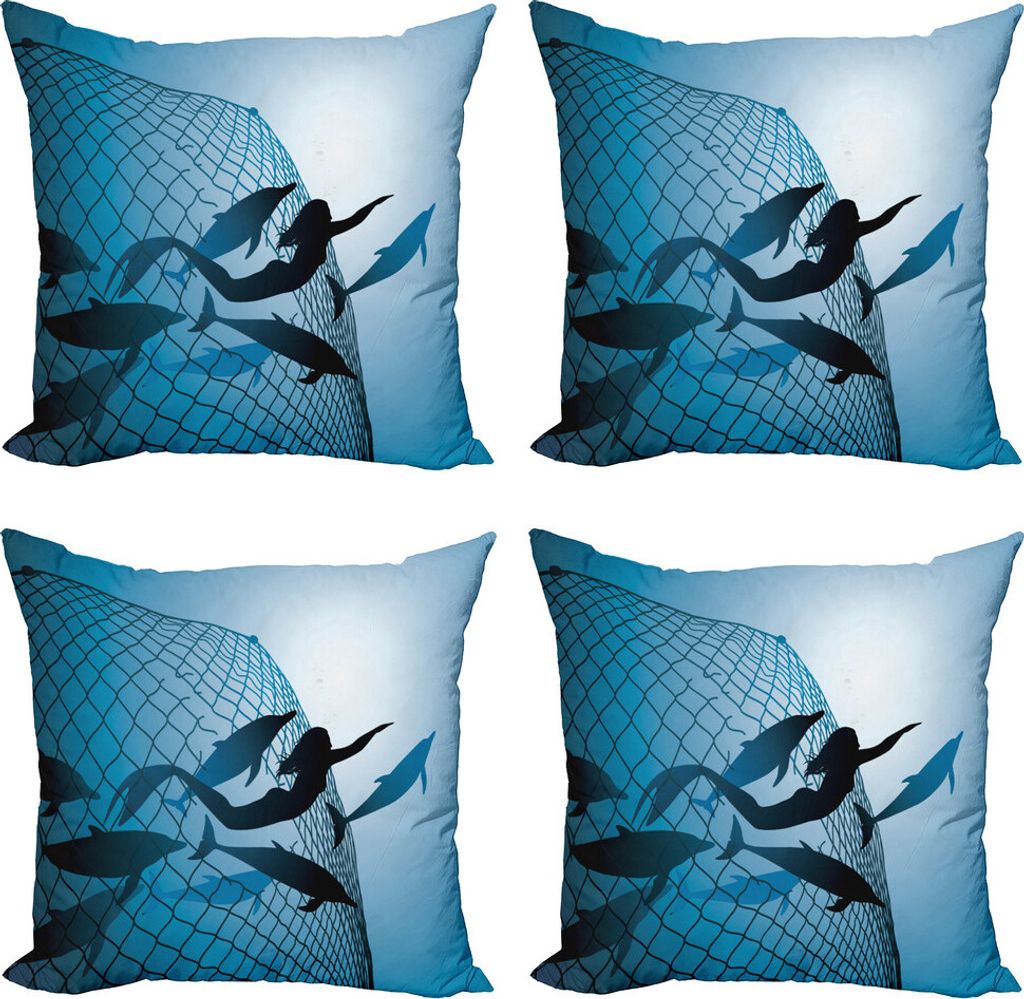 ABAKUHAUS Unterwasser- Kissenbezug Set (4 Stück), Flug von Delfinen, Moderner Doppelseitiger Digitaldruck, 40 cm x 40 cm, Blau