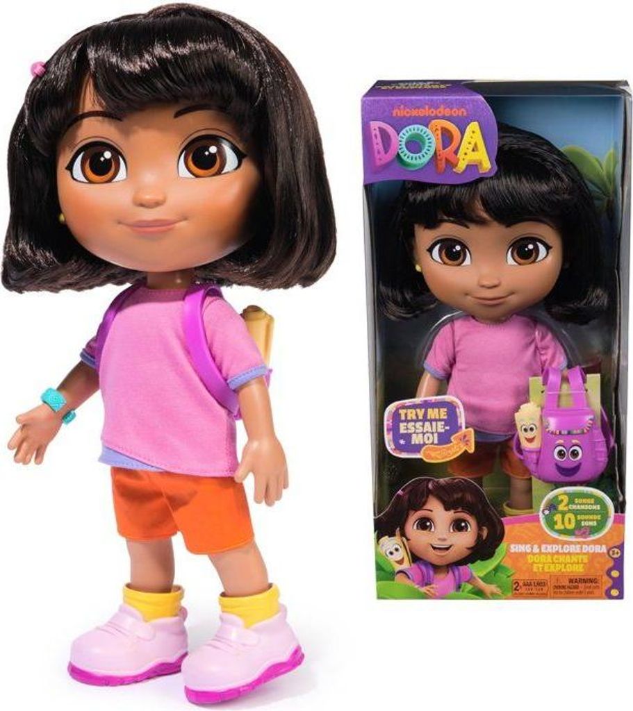 Dora die Entdeckerin Puppe, Interaktiv, Zweisprachig Französisch und Englisch, 30 cm, Mit Rucksack und Karte, 3+ Jahre