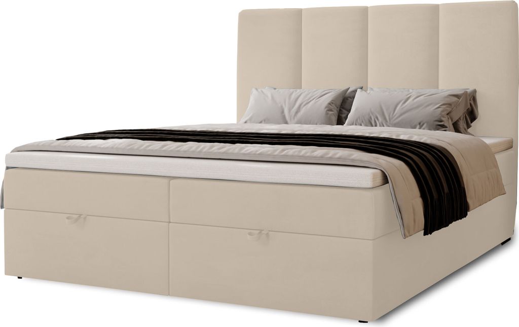 Boxspringbett Malmo mit 2 Bettkästen, 140x200, Farbe: Beige, Velourstoff, Doppelbett mit Bonell-Matratze inkl. Topper