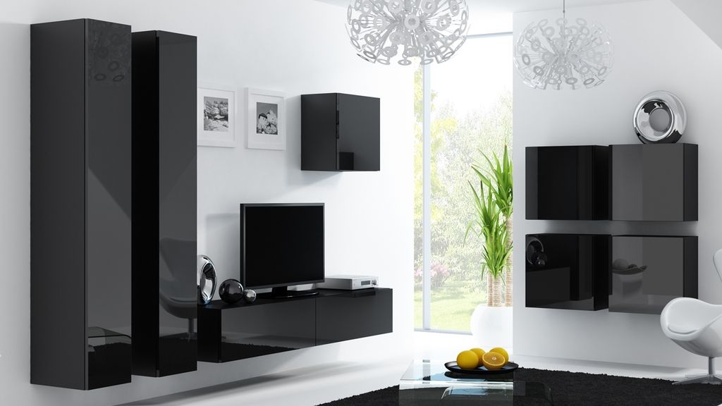 Wohnwand Medienwand Anbauwand VIGO 24D schwarz Hochglanz Breite 260cm Hängeschränke TV Lowboard