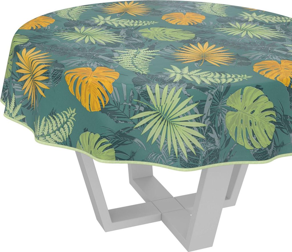 Tischdecke Aquarell Jungle Dunkelgrün Rund 100cm mit Band-Kante Wachstuch abwaschbar