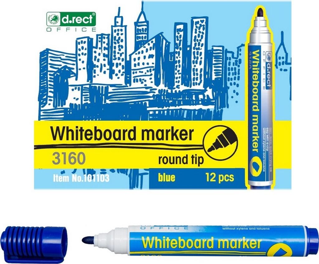 D.RECT 3160 Whiteboard Marker für Whiteboards und Flipcharts, abwischbar Glasboard Marker Rundspitze Schwarz x 12 Stück